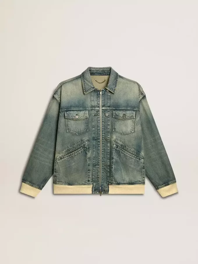 Tvättad jeansjacka för herr med ribbade detaljer i ullblandning
