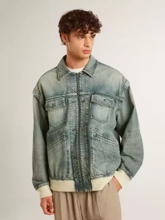 Tvättad jeansjacka för herr med ribbade detaljer i ullblandning