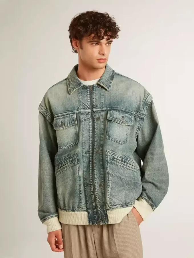 Tvättad jeansjacka för herr med ribbade detaljer i ullblandning