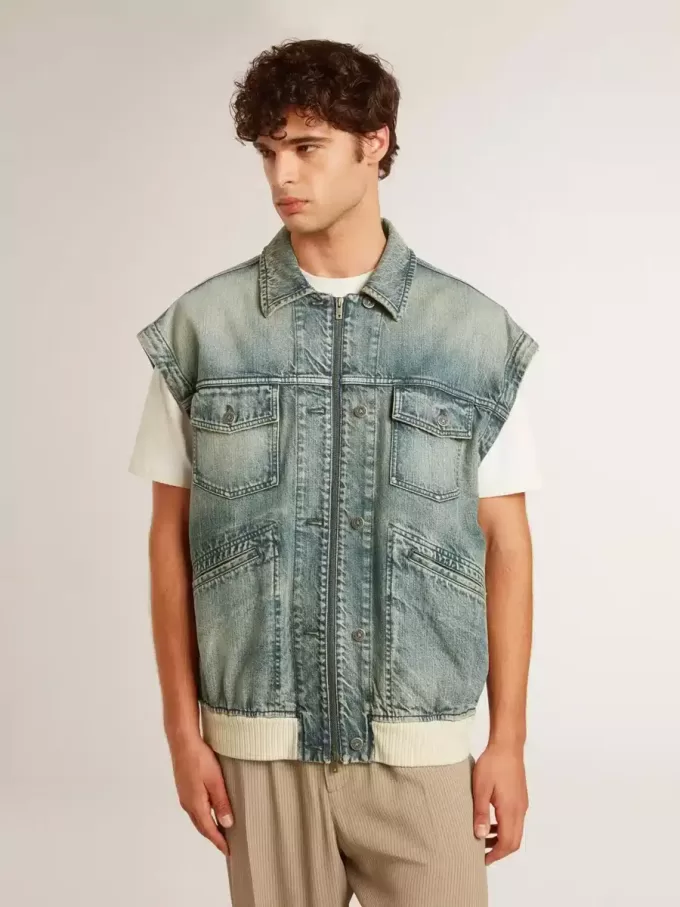 Tvättad jeansjacka för herr med ribbade detaljer i ullblandning
