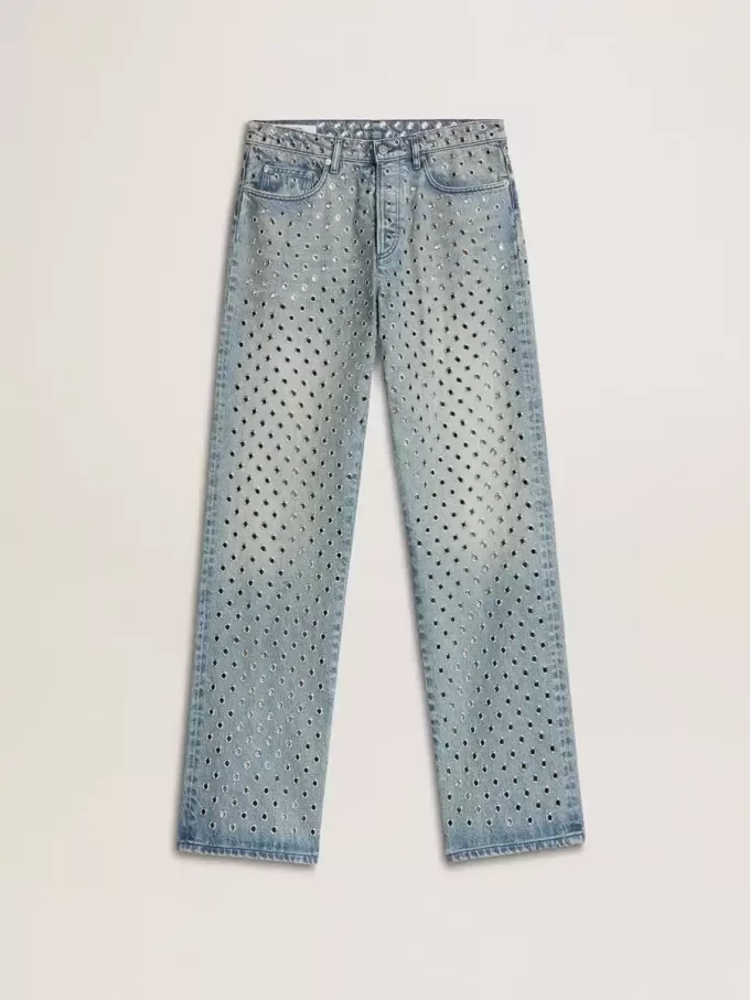 Tvättade jeans för dam med öglor över hela plagget