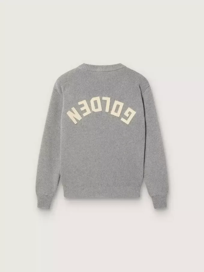 Unisex Golden-tröja för barn i ribbad grå melange med logotyp på ryggen Unisex Golden-tröja för barn i ribbad grå melange med logotyp på ryggen