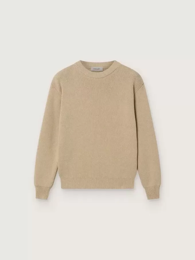 Unisex ribbad tröja i guldbeige för barn med logotyp på ryggen Unisex ribbad tröja i guldbeige för barn med logotyp på ryggen