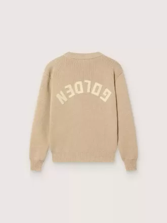 Unisex ribbad tröja i guldbeige för barn med logotyp på ryggen