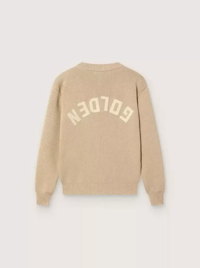 Unisex ribbad tröja i guldbeige för barn med logotyp på ryggen Unisex ribbad tröja i guldbeige för barn med logotyp på ryggen