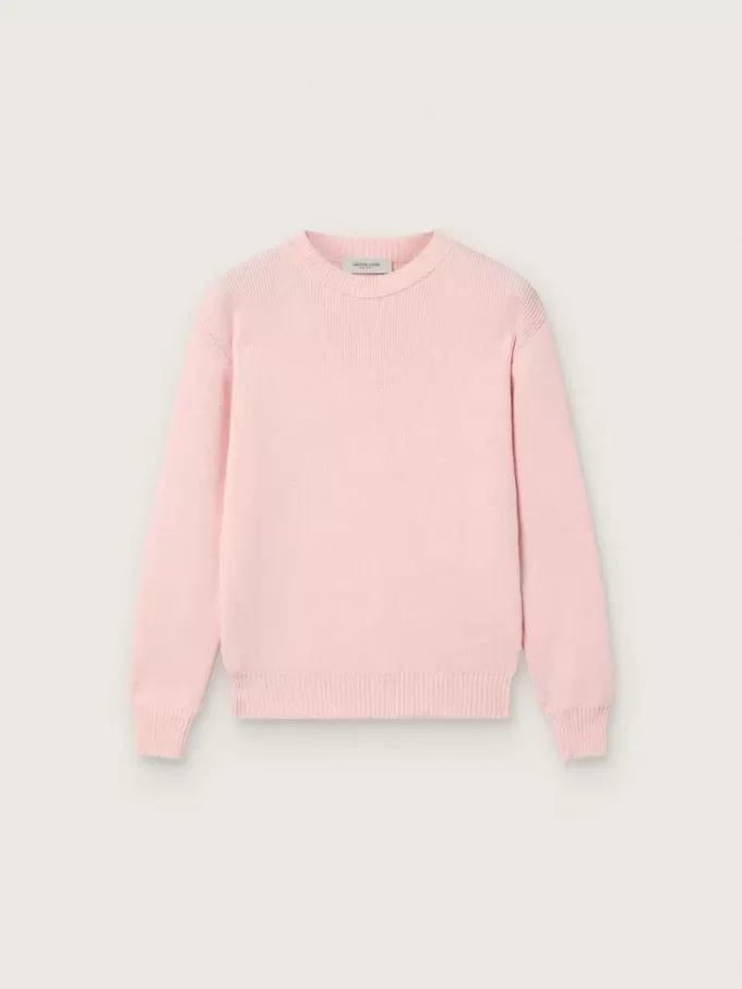 Unisex rosa ribbad Golden-tröja för barn med Golden-logotyp på ryggen Unisex rosa ribbad Golden-tröja för barn med Golden-logotyp på ryggen