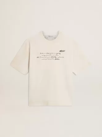 Unisex-T-shirt i slitet vitt med tryckt text