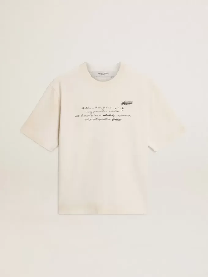 Unisex-T-shirt i slitet vitt med tryckt text