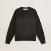 Unisex-tröja i sliten svart bomull med broderad logotyp Unisex-tröja i sliten svart bomull med broderad logotyp