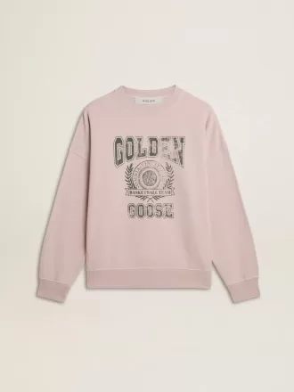 Unisex-tröja med rund hals i gammalt rosa med grönt logotryck