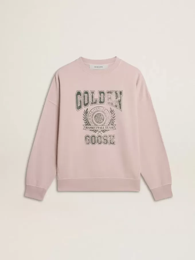 Unisex-tröja med rund hals i gammalt rosa med grönt logotryck