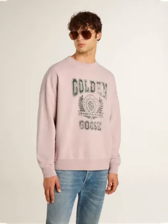 Unisex-tröja med rund hals i gammalt rosa med grönt logotryck