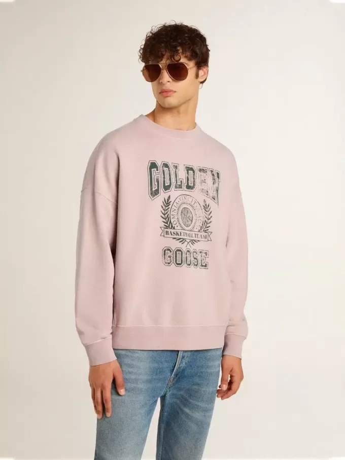 Unisex-tröja med rund hals i gammalt rosa med grönt logotryck
