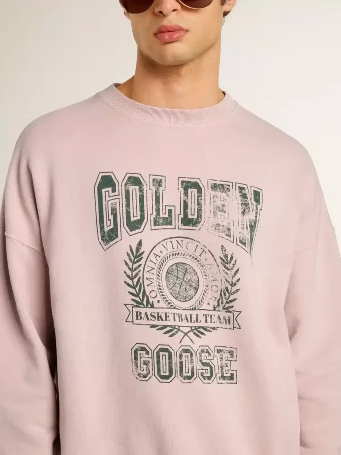 Unisex-tröja med rund hals i gammalt rosa med grönt logotryck