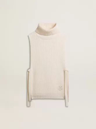 Unisex vit höghalsad ärmlös tröja i ribbad ull