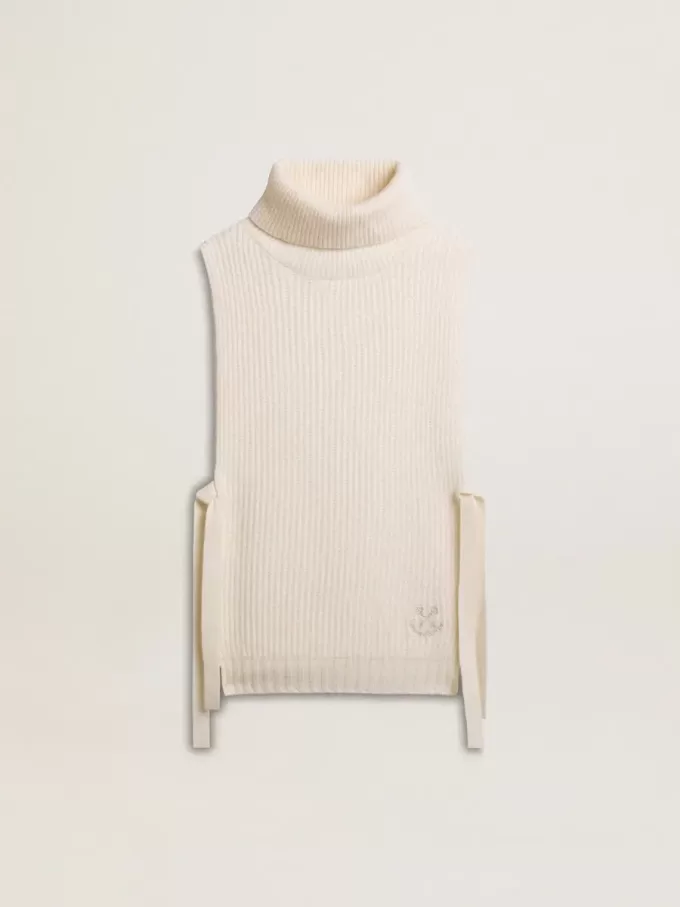 Unisex vit höghalsad ärmlös tröja i ribbad ull Unisex vit höghalsad ärmlös tröja i ribbad ull