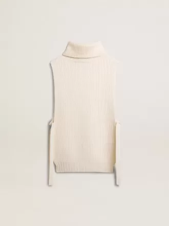 Unisex vit höghalsad ärmlös tröja i ribbad ull