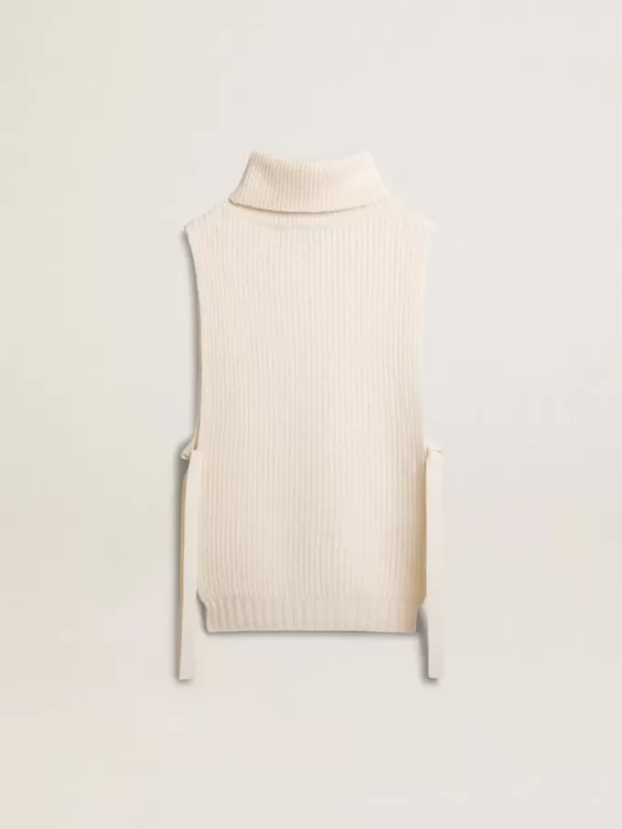 Unisex vit höghalsad ärmlös tröja i ribbad ull Unisex vit höghalsad ärmlös tröja i ribbad ull