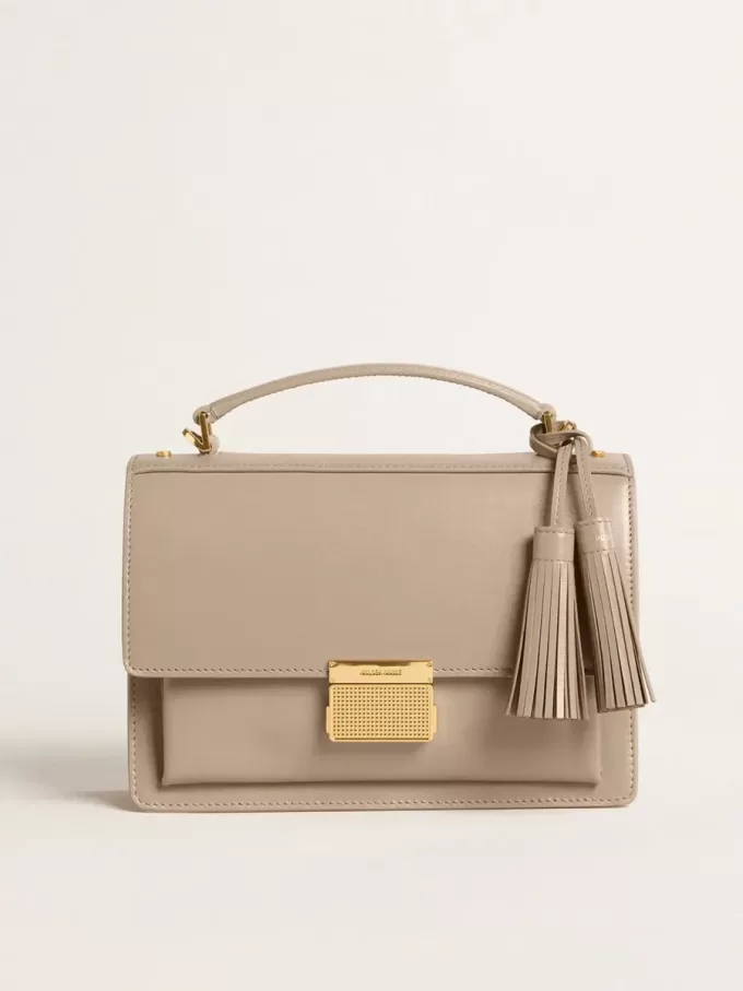 Venezia-väska i beige läder med gulddetaljer