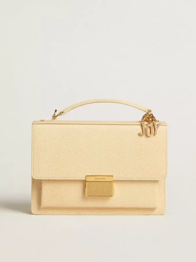 Venezia-väska i beige läder med pytonmönster och gulddetaljer Venezia-väska i beige läder med pytonmönster och gulddetaljer