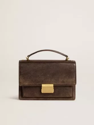 Venezia-väska i vintage mörkbrunt präglat läder med gulddetaljer