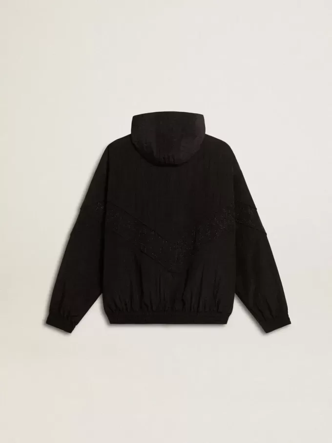 Vindjacka för dam i svart nylon med ton-i-ton-kristaller Vindjacka för dam i svart nylon med ton-i-ton-kristaller
