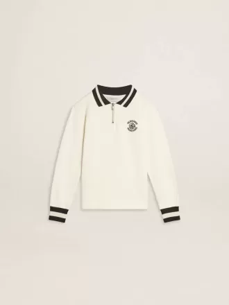 Vit bomullspolosweatshirt för barn med broderi på bröstet och tryck på ryggen