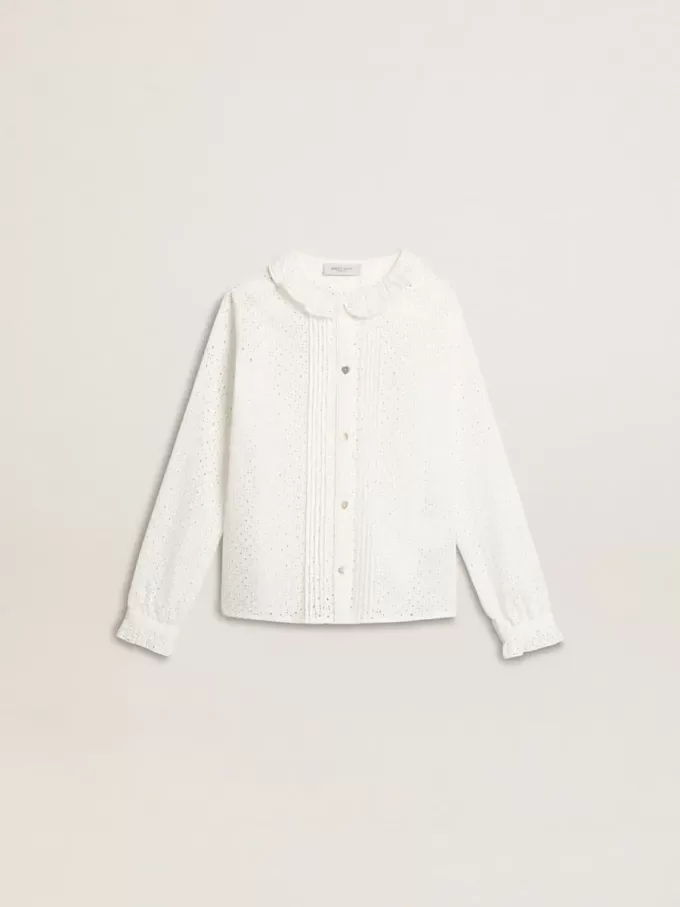Vit bomullsskjorta med broderie anglaise för flickor Vit bomullsskjorta med broderie anglaise för flickor