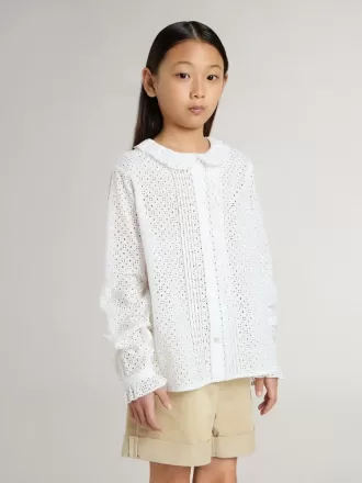 Vit bomullsskjorta med broderie anglaise för flickor
