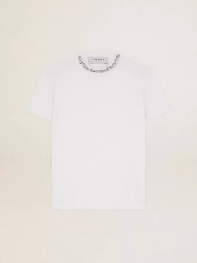 Vit dam-T-shirt med cabochonkristaller