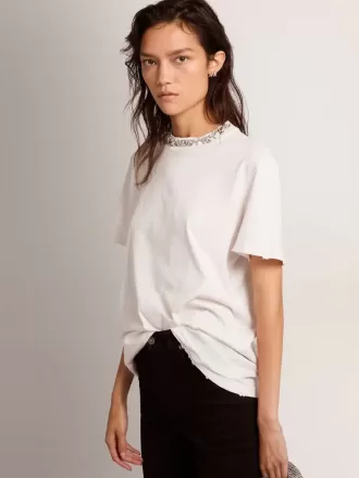 Vit dam-T-shirt med cabochonkristaller