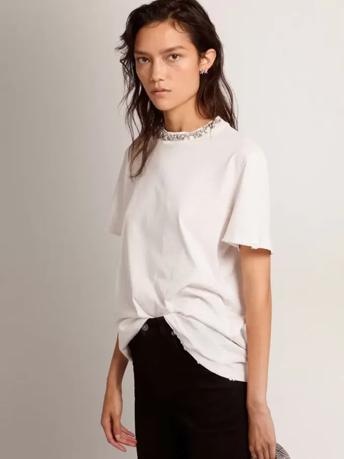 Vit dam-T-shirt med cabochonkristaller