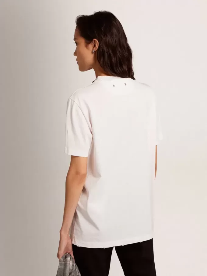 Vit dam-T-shirt med cabochonkristaller