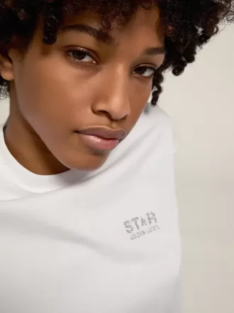 Vit dam-T-shirt med silverglitterlogotyp och stjärna