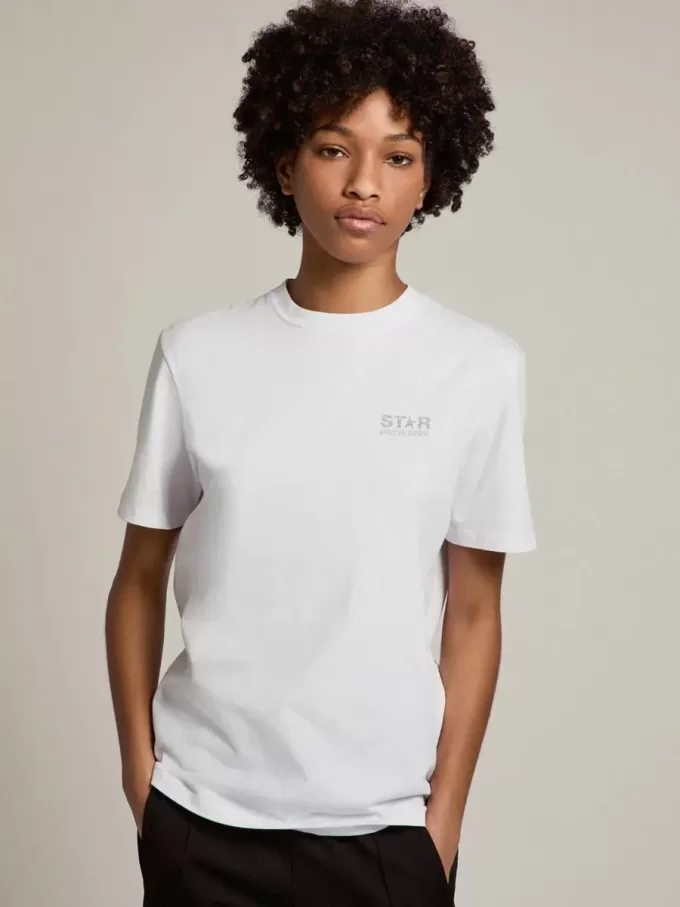Vit dam-T-shirt med silverglitterlogotyp och stjärna Vit dam-T-shirt med silverglitterlogotyp och stjärna