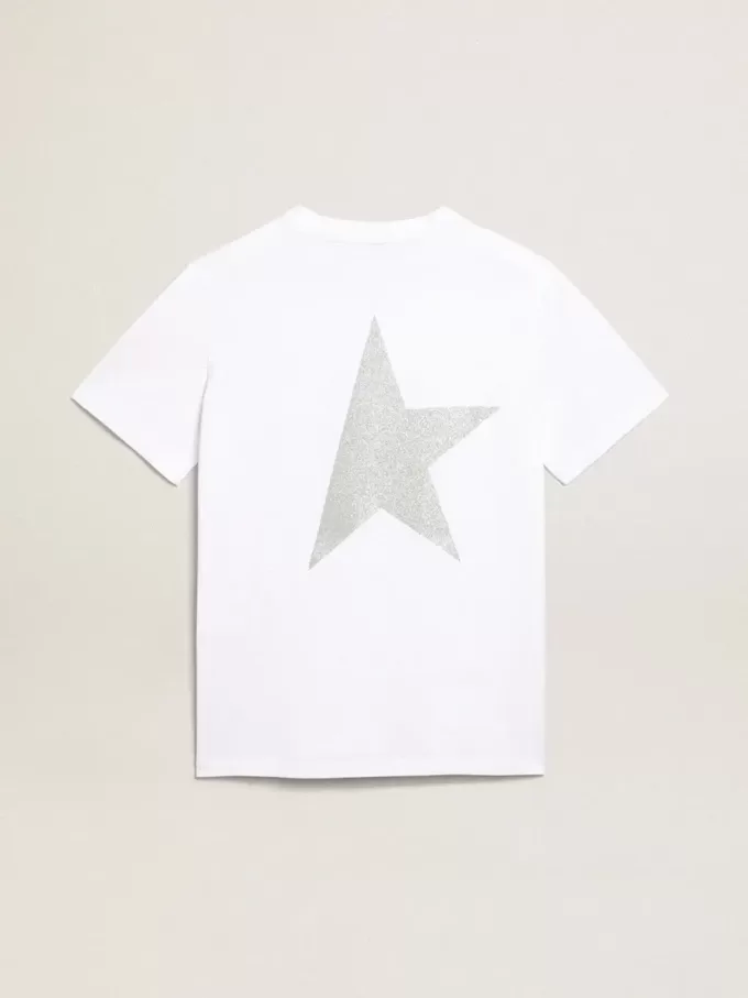 Vit dam-T-shirt med silverglitterlogotyp och stjärna Vit dam-T-shirt med silverglitterlogotyp och stjärna