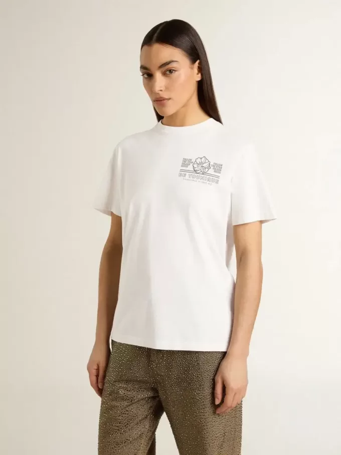 Vit dam-T-shirt med svart tryck på bröstet Vit dam-T-shirt med svart tryck på bröstet