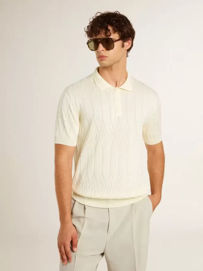 Vit jacquardstickad polotröja för herr Vit jacquardstickad polotröja för herr