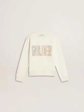 Vit sweatshirt för flickor med mångfärgad Golden-text på framsidan