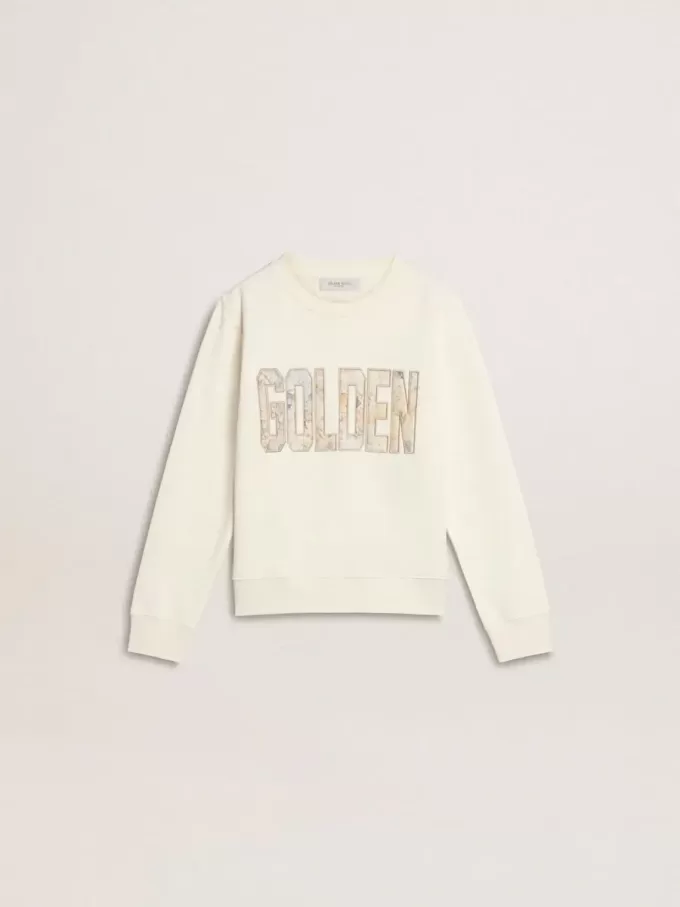 Vit sweatshirt för flickor med mångfärgad Golden-text på framsidan Vit sweatshirt för flickor med mångfärgad Golden-text på framsidan