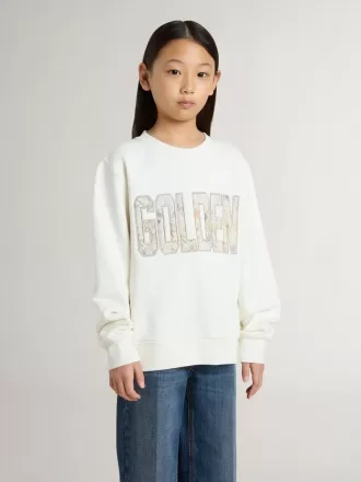 Vit sweatshirt för flickor med mångfärgad Golden-text på framsidan