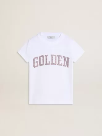 Vit T-shirt för flickor med rosa glitter och guldfärgad text