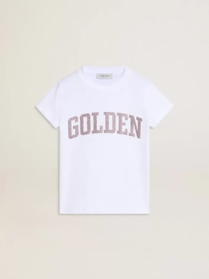 Vit T-shirt för flickor med rosa glitter och guldfärgad text Vit T-shirt för flickor med rosa glitter och guldfärgad text