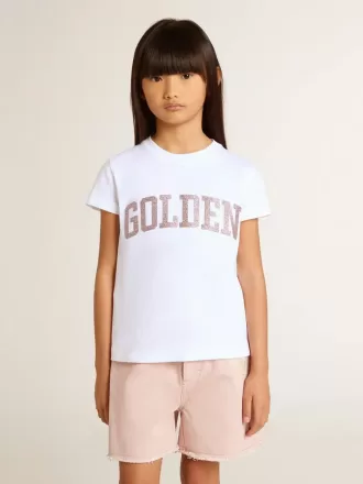 Vit T-shirt för flickor med rosa glitter och guldfärgad text