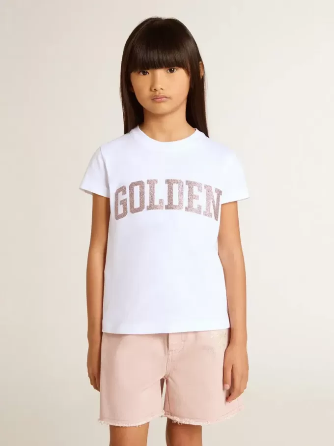 Vit T-shirt för flickor med rosa glitter och guldfärgad text Vit T-shirt för flickor med rosa glitter och guldfärgad text