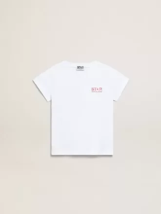 Vit T-shirt för flickor med rosa glitterlogotyp och maxistjärna