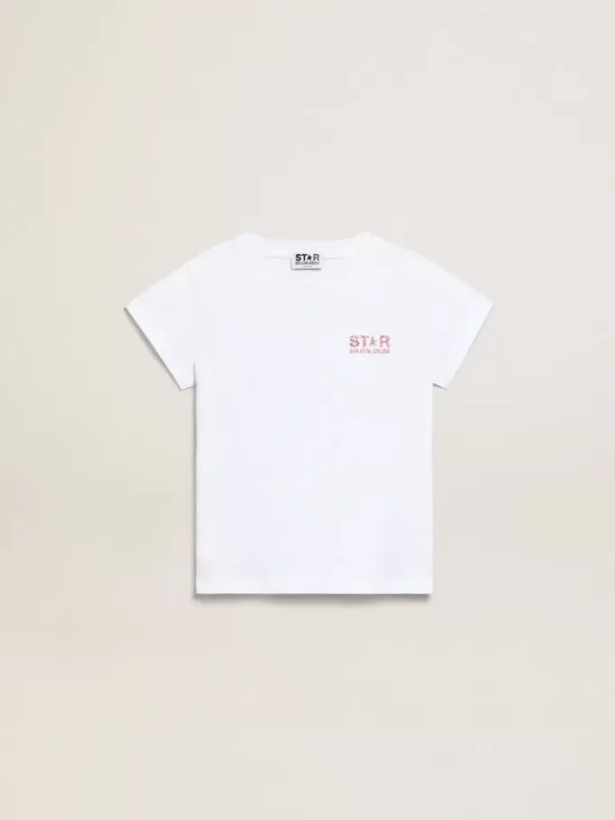 Vit T-shirt för flickor med rosa glitterlogotyp och maxistjärna