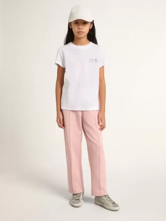 Vit T-shirt för flickor med rosa glitterlogotyp och maxistjärna