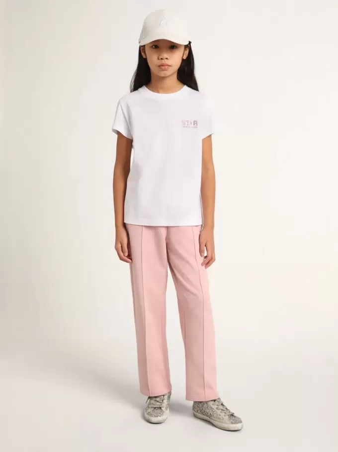 Vit T-shirt för flickor med rosa glitterlogotyp och maxistjärna