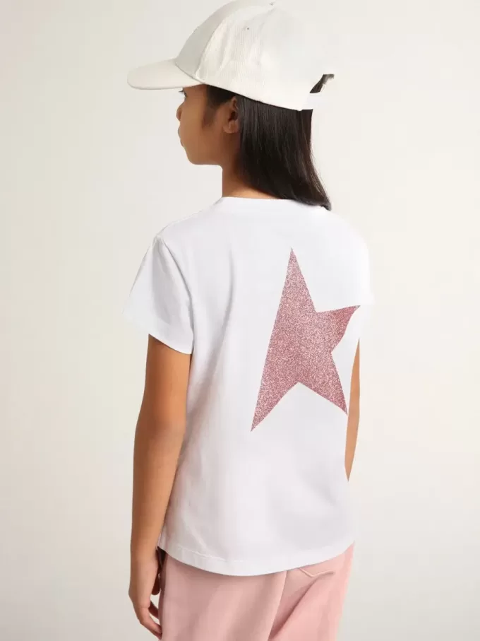Vit T-shirt för flickor med rosa glitterlogotyp och maxistjärna